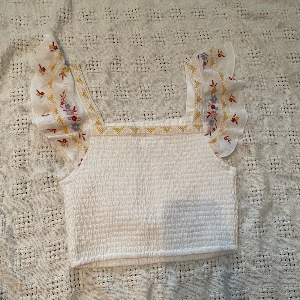 White Smocked Top with Floral Embroidered Sleeves